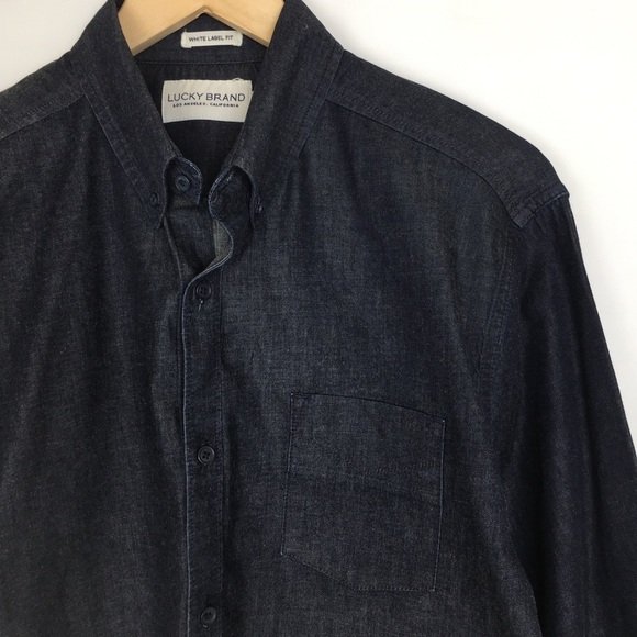 Lucky Brand Denim  Button Up Shirt Long Sleeve Dark Blue White Label Size L - Picture 1 of 13